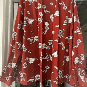 Floral Red Blouse with Ruffle Sleeves